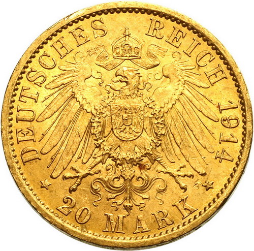 ドイツ プロイセン 1914年 20マルク 金貨 ヴィルヘルム2世【アンティークコイン・金貨・銀貨の販売・買取 ルナコイン】